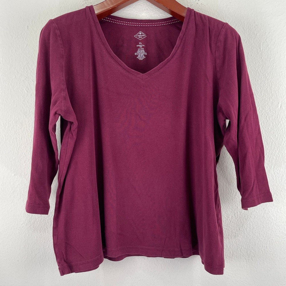St. Johns Bay Essential Tee Womens XL Burgundy V-Neck 3/4 Sleeve Cotton Fall Top